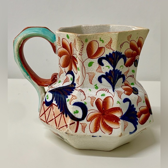 19th Century Antique Gaudy Welsh Eryri Pattern Human Faced Snake Handle Pitcher - Picture 9 of 16